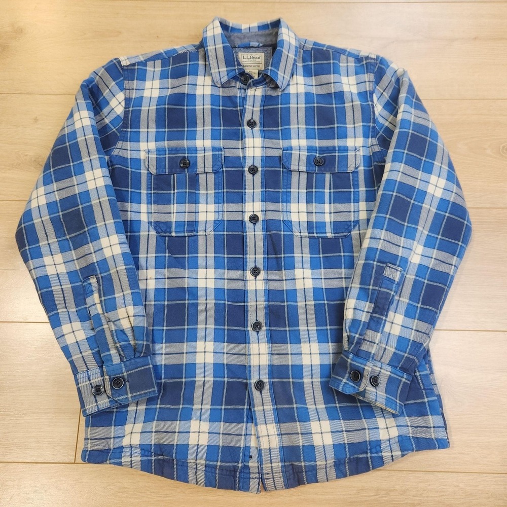 L.L. Bean Flannel Shirt Jacket Mens Small Blue Plaid Quilt Lined Button Winter